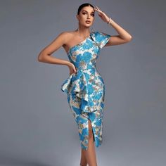 I’m Happy To Answer Any Questions Midi Party Dress, Blue Bodycon Dress, Shoulder Ruffle Dress, Marine Uniform, Short Gowns, Ruffle Midi Dress, Blue Midi Dress, Midi Length Dress, Midi Dress Bodycon