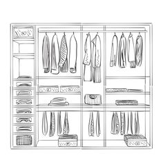 an open closet with clothes hanging on the shelves and drawers in it, hand drawn