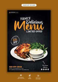 a flyer for a restaurant with food items on it