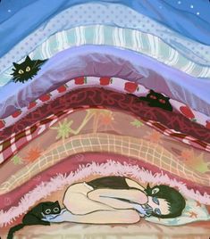 a painting of a woman laying on top of a bed next to two black cats