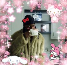 a girl in a hello kitty hat drinking from a cup while wearing a fur coat