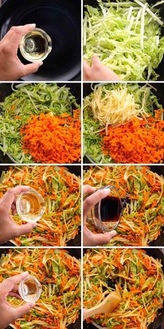 the steps to make shredded carrots and cabbage salad in a skillet with olive oil