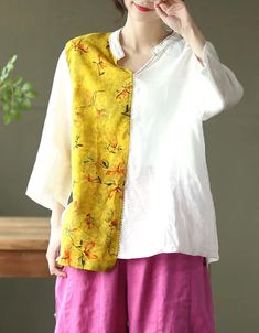 Women's Printed Embroidery Linen Shirt – Obiono Cotton Patchwork V-neck Blouse, Cotton V-neck Patchwork Blouse, V-neck Cotton Blouse With Patchwork, Cotton V-neck Blouse With Patchwork, Summer Linen Patchwork Tops, Yellow Cotton V-neck Shirt, Embroidered Cotton V-neck Shirt, Yellow Embroidered Cotton Shirt, Spring Yellow Patchwork Shirt