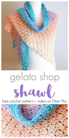 a crocheted shawl with the text, gelato shop shawl free croche