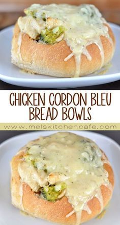 chicken cordon bleu bread bowls with broccoli and cheese on top