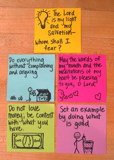 four post it notes with words written on them in different colors and sizes, each one has