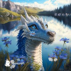 a painting of a blue dragon with flowers around it's neck and eyes, in front of a body of water