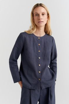 Step into sustainable fashion with our linen shirt, a versatile addition to your collection. This chic linen top for women is crafted from high-quality linen, offering a relaxed fit perfect for any occasion. As a loose linen shirt it ensures both comfort and style. Ideal for a cool summer day, our summer blazer combines the best of pure linen clothing and sustainable clothing. This Linen Cardigan complements any minimalist wardrobe, embodying the essence of Flax Clothing. Make a stylish statemen Single Breasted Relaxed Fit Linen Top, Relaxed Fit Linen Tops With Buttoned Pockets, Modern Linen Tops For Casual Gatherings, Modern Linen Tops For Casual Wear, Relaxed Fit Linen Blazer, Summer Linen Long Sleeve Blazer, Summer Relaxed Fit Linen Blazer, Long Sleeve Linen Blazer For Summer, Workwear Linen Top With Buttoned Pockets