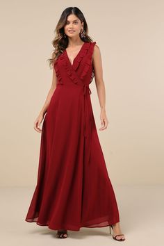 Arrive on the scene knowing all eyes will be on you when you step out in the Lulus Major Elegance Wine Red Sleeveless Ruffled Wrap Maxi Dress! Airy woven chiffon shapes this gorgeous gown that features a surplice neckline and a sleeveless bodice adorned with chic ruffle trim. A slender tie threads the waist and secures at the side to create an adjustable fit, atop a flowy, A-line skirt with an overlapping design and a sweeping maxi hem. Fit: This garment fits true to size. Length: Floor length. Overlapping Design, Ruffle Gown, Wrap Maxi Dress, Bridal Party Dresses, Surplice Neckline, All Eyes, Gorgeous Gowns, Maxi Wrap Dress, The Scene