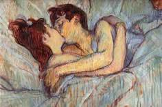 a painting of two people laying in bed with one kissing the other's head