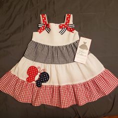 Red White Blue Gingham & Bows Fun Red Ruffled Dress, Playful Red Dresses For Play, Red Cotton Dress For Play, Fun Red Dresses For Playtime, Red Cotton Casual Dress, Cute Red Dress For Play, Fun Red Cotton Dress, Red Cotton Dress For Playtime, Red Ruffled Dresses For Playtime