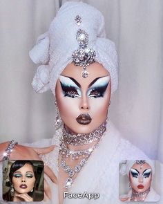 an image of a woman with makeup on her face and wearing white dress, headdress and jewelry