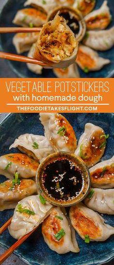 vegetable potstickers with homemade dough and dipping sauce on the side in a blue plate