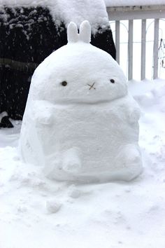 a snowman made to look like a bunny sitting in the snow