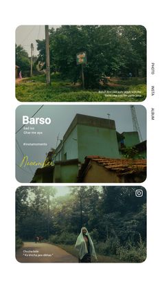 three different views of a person walking down the street in front of a building and trees