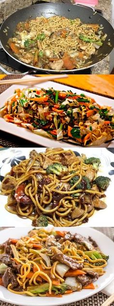 three different pictures of food being cooked in woks and on pans, including stir fried noodles