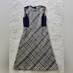 Beautiful High-Quality Tweed Dress. Fully Lined. Tweed Midi Dress For Office, Office Tweed Midi Dress, Tweed A-line Dress For Work, Office Midi-length Tweed Dress, Knee-length Tweed Midi Dress For Work, Chic Blue Tweed Dress, Fitted Blue Tweed Knee-length Dress, Office Knee-length Tweed Dress, Knee-length Tweed Office Dress