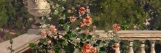 a painting of flowers on a balcony with railings and trees in the back ground