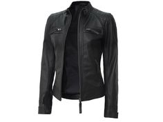 Elevate your outerwear collection with this women's slim-fit black biker-style jacket, expertly crafted from lightweight sheep leather. This jacket combines edgy style with a flattering silhouette, hugging your curves while providing the freedom to move. The soft, supple leather offers a luxurious feel, ensuring comfort without sacrificing style. Featuring classic biker details such as zippered pockets, an asymmetrical front closure, and subtle stitching accents, this jacket brings a modern twist to a timeless design. The sleek black finish makes it a versatile staple, easily pairing with everything from distressed jeans to flowy dresses. Perfect for layering or making a statement on its own, this lightweight jacket is ideal for transitional weather. Embrace your inner rebel and enhance yo Biker Leather Jacket, Real Leather Jacket, Edgy Style, Biker Leather, Sheep Leather, Black Sheep, Leather Motorcycle Jacket, Leather Biker Jacket, Biker Style