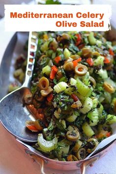 a close up of a spoon with food in it on a plate and the words mediterranean celery olive salad