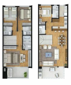 two floor plans showing the living room, bedroom and dining area in each apartment's layout