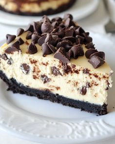 a piece of cheesecake with chocolate chips on top