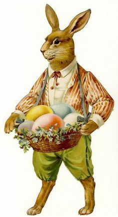 a painting of a rabbit holding a basket with eggs in it's lap and wearing an easter outfit