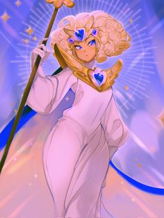 a woman in white holding a wand and wearing an angel outfit with stars around her neck