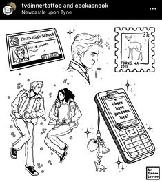 a drawing of two people and a cell phone with the words new york and cocksnook on it