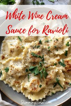 white wine cream sauce for ravioli on a plate with parsley sprigs