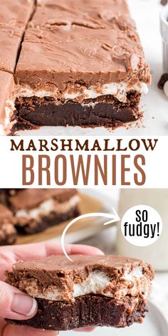 there is a chocolate brownie with marshmallows on it and the words marshmallow brownies are below