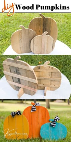 Three wooden standing pumpkins Halloween Decorations Wood Diy, Diy Pallet Wood Projects To Sell, Pallet Wood Pumpkins Diy, Pallet Board Pumpkins, Wooden Pumpkins Diy How To Make, Fall Yard Signs Wood Crafts, Simple Pallet Projects Diy Crafts, Pallet Pumpkins Front Porches, Diy Fall Decor With Scrap Wood