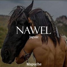 a man with no shirt on standing next to a horse and the words nawel jaguar