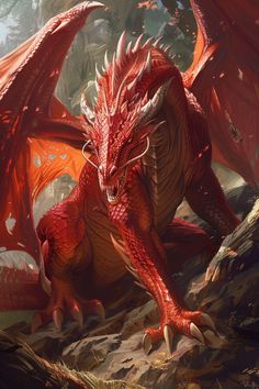 a red dragon sitting on top of a rock