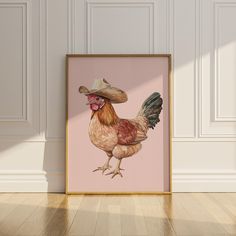 a chicken with a hat on it's head standing in front of a wall