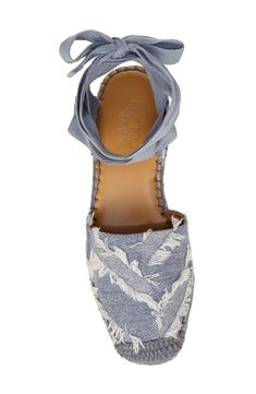 A graceful tie wrap completes this espadrille-inspired sandal balanced on a low wedge for walkable comfort. 1 3/4" heel; 3/4" platform Textile upper/synthetic lining and sole Imported Low Wedges, Tie Wrap, Ankle Wrap, Espadrille Sandals, Franco Sarto, Sandal Women, Light Denim, Womens Sandals, Espadrilles