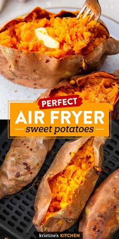 baked sweet potatoes in air fryer with text overlay that reads perfect air fryer sweet potatoes