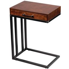 a wooden table with metal legs and a drawer