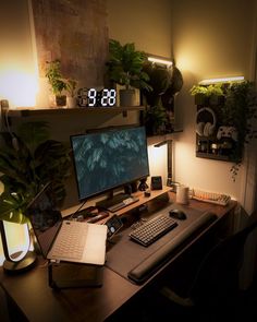 a desk with a computer monitor, keyboard and mouse on it next to a plant