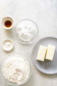 the ingredients to make this dish include butter, flour, and sugar in separate bowls