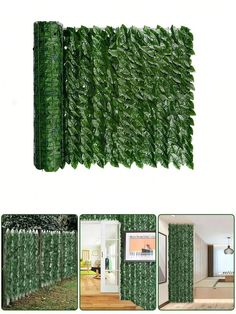 the green privacy fence is made out of plastic leaves