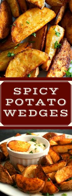 spicy potato wedges on a plate with dipping sauce