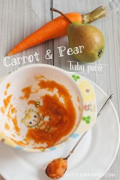 baby puree containers with carrots and pears in them on a white plate