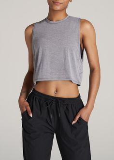 American-Tall-Women-Athletic-Cropped-Muscle-Tank-Grey-Mix-front Loose Cropped Tank Top, Workout Tank Tops For Women, Muscle Shirt Women, Muscle Tank Outfit Women, Muscle Tank Outfit, Grey Tank Top Outfit, Marceline Cosplay, Sporty Crop Top, Loose Tank Top