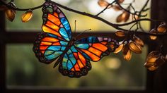 a colorful butterfly sitting on top of a tree branch next to a window sill