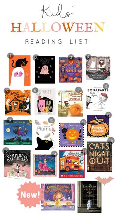 children's halloween reading list with lots of books and pictures on the front cover