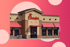 the front of a chinese restaurant with red and white polka dotes on it's pink background