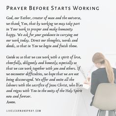 a woman sitting at a desk in front of a white wall with the words prayer before starts working