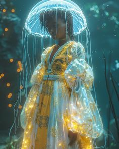 a woman in a yellow and white dress holding an umbrella over her head with lights on it