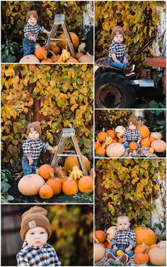 a collage of photos shows a baby sitting on pumpkins